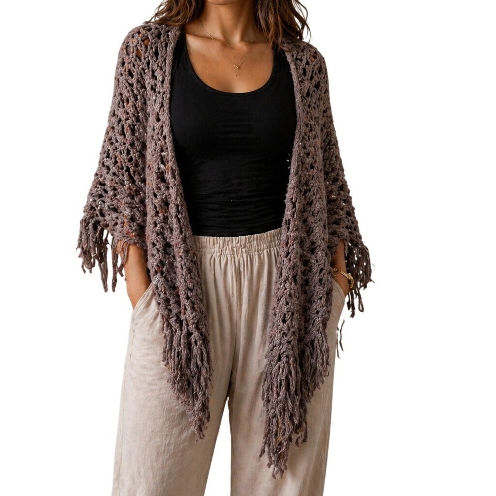 Boho Open Knit Fringe Shawl Wrap Taupe Brown Crochet Triangle Scarf Capelet